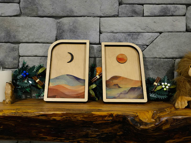 Handmade sun and moon layered wood wall art set of 2