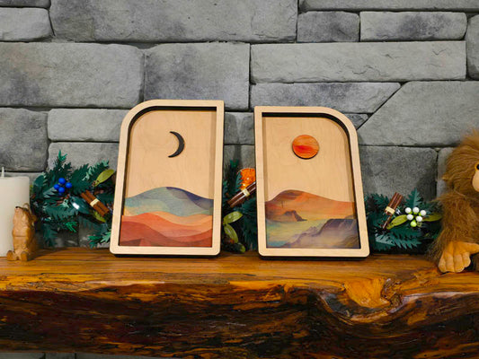 Handmade sun and moon layered wood wall art set of 2