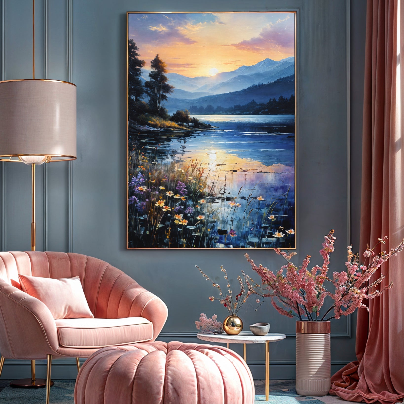 Sunset Journey lake sunset landscape canvas wall art with golden reflections