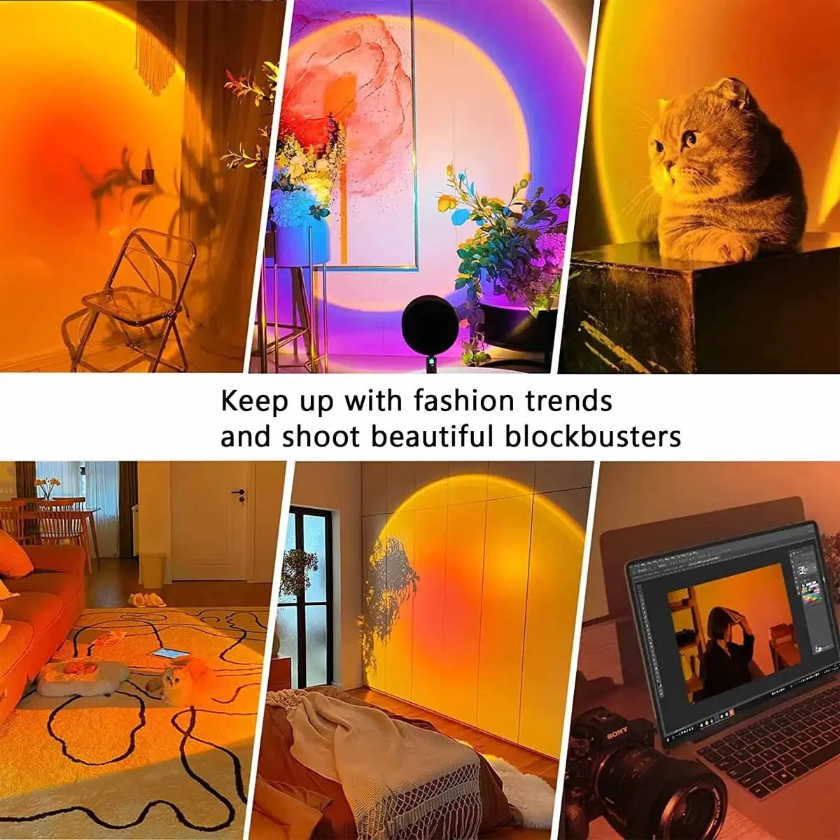 Sunset lamp projector creating orange golden hour glow on bedrooms for photos