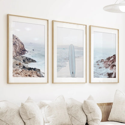 Surf Wall Art Set, 3 Piece Ocean Beach and Rocks Prints