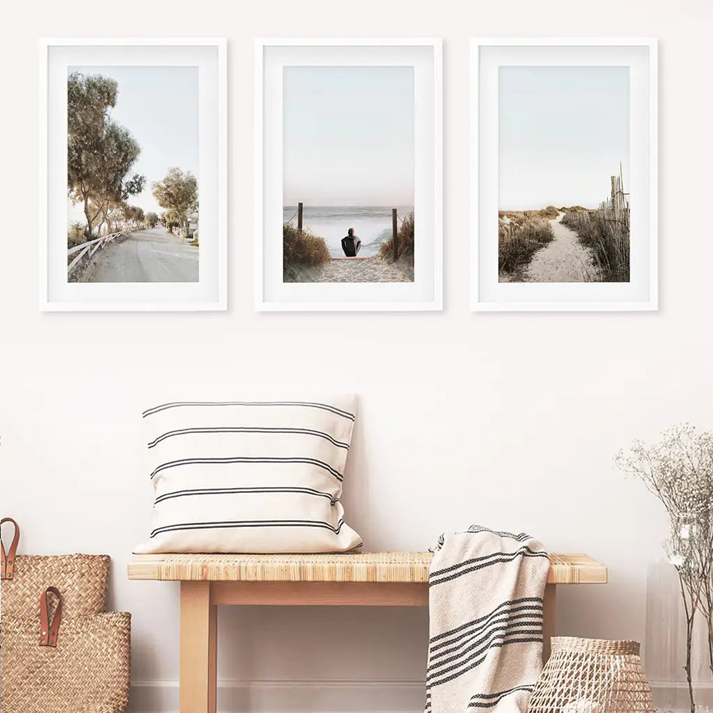 Surfer Beach Wall Art Set of 3. Coastal Triptych