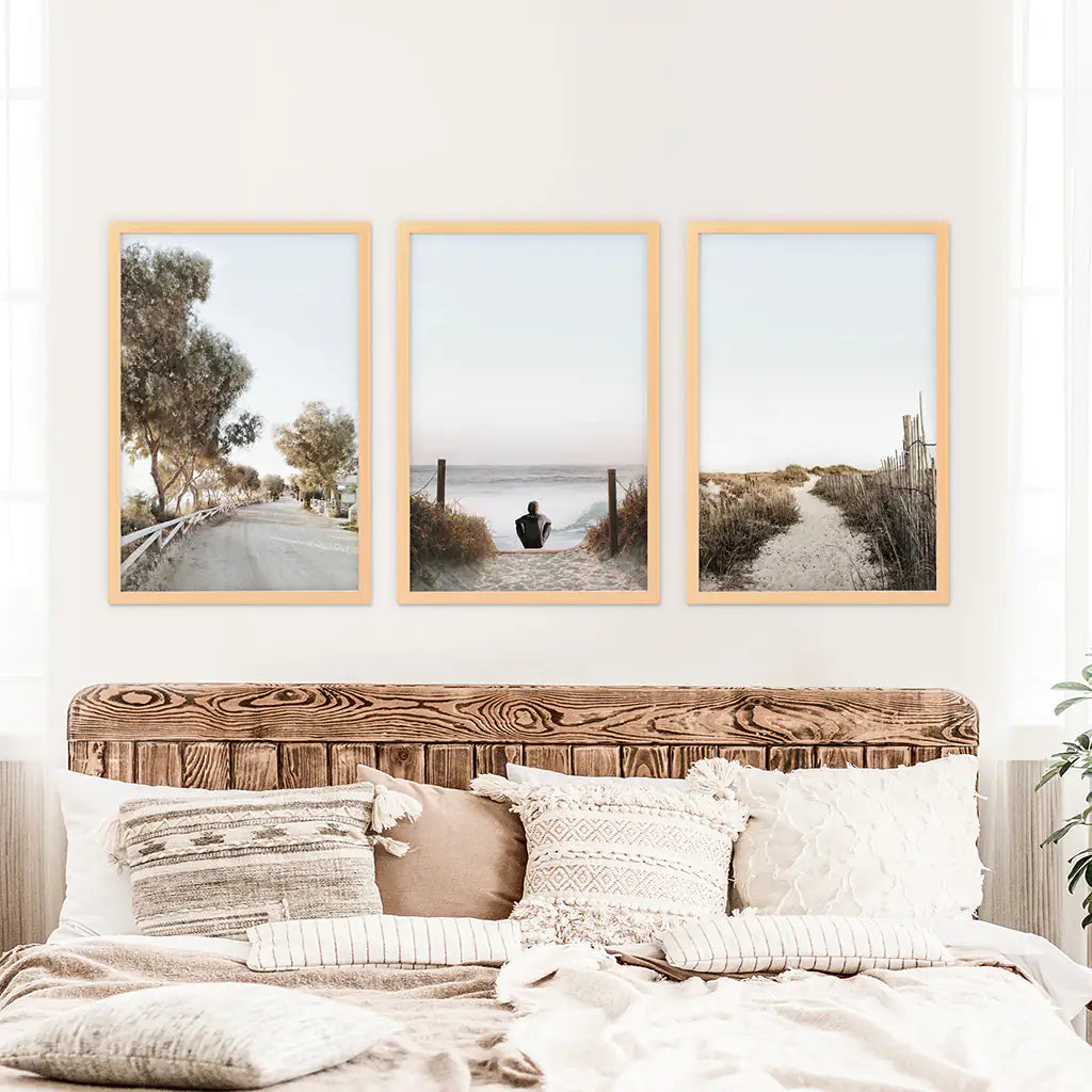 Surfer Beach Wall Art Set of 3. Coastal Triptych