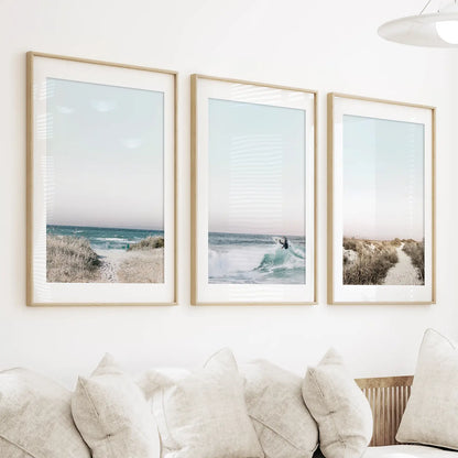 Ocean Surf Wall Art Set, 3 Piece Blue Waves and Beach Path