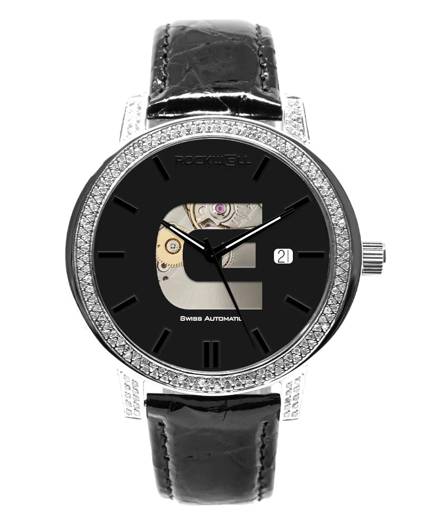 Swiss automatic watch men with diamond bezel and skeleton dial showing ETA movement
