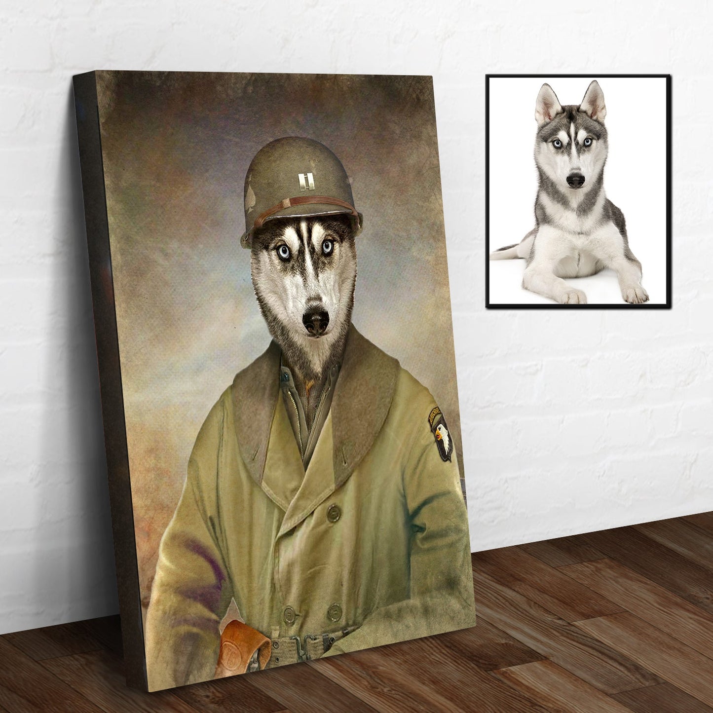 Personalized husky military dog pet portrait canvas sign