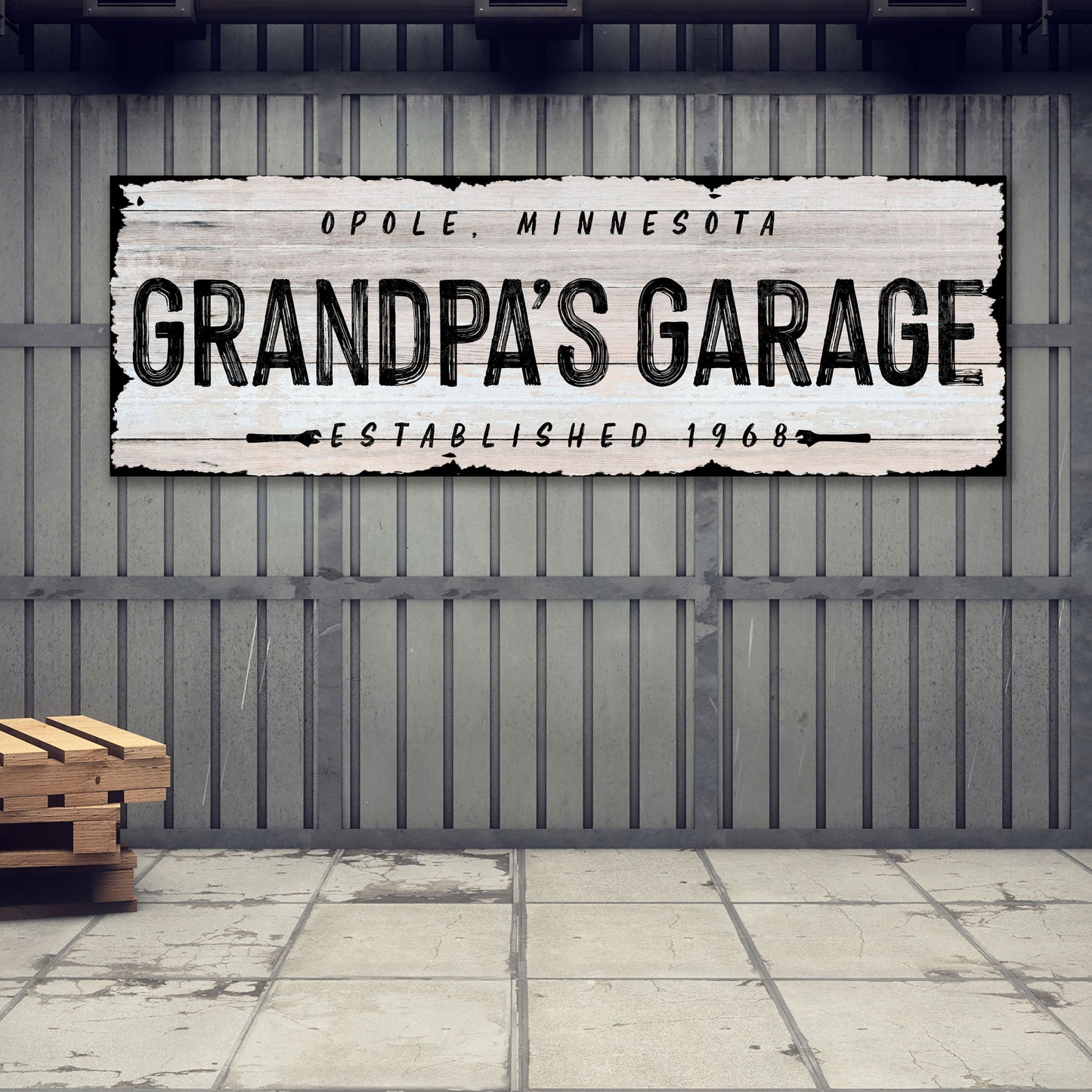 Grandpa's Garage personalized rustic word-art canvas sign with name and established year