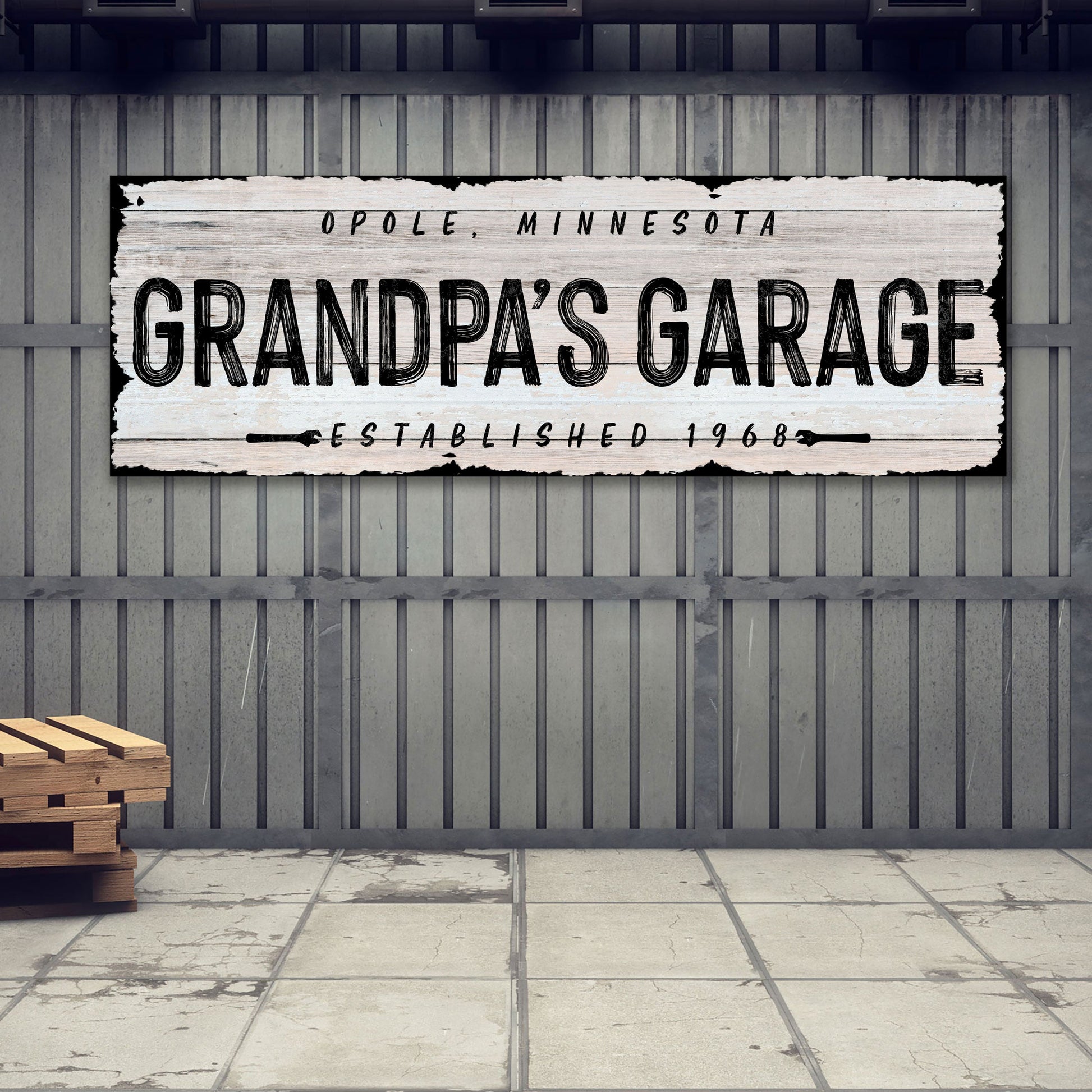 Grandpa's Garage personalized rustic word-art canvas sign with name and established year