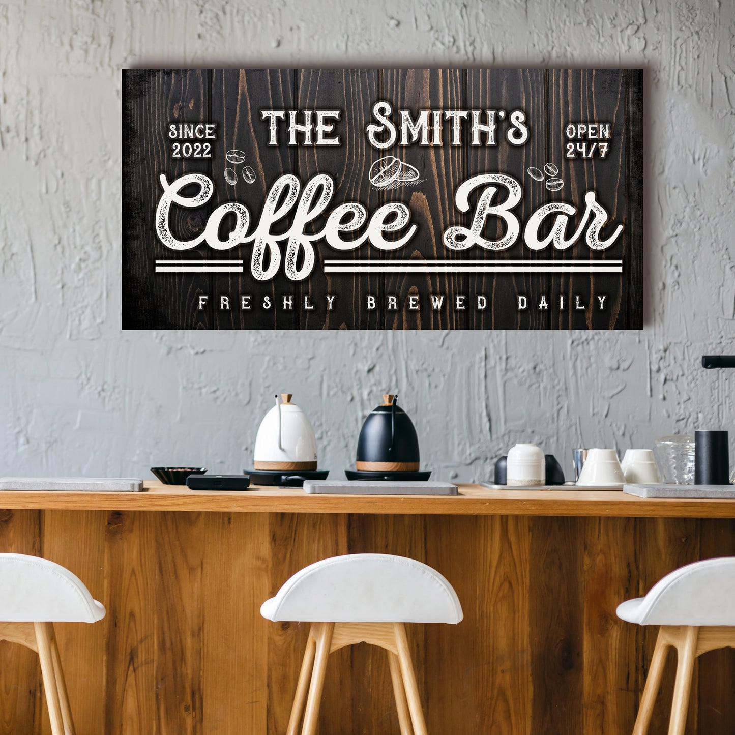 Personalized family coffee bar canvas sign with custom family name in rustic lettering