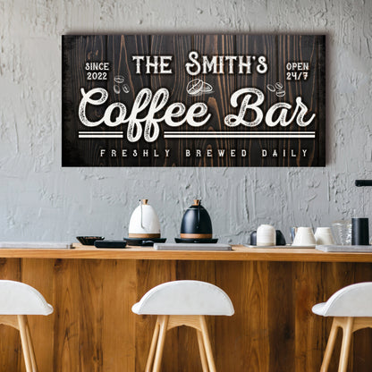 Personalized family coffee bar canvas sign with custom family name in rustic lettering
