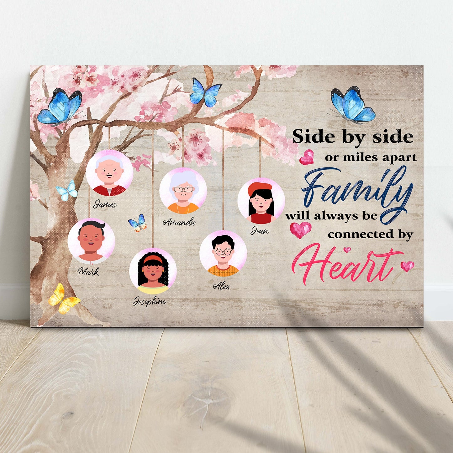 Family will always be connected by heart personalized canvas sign in rustic word-art style