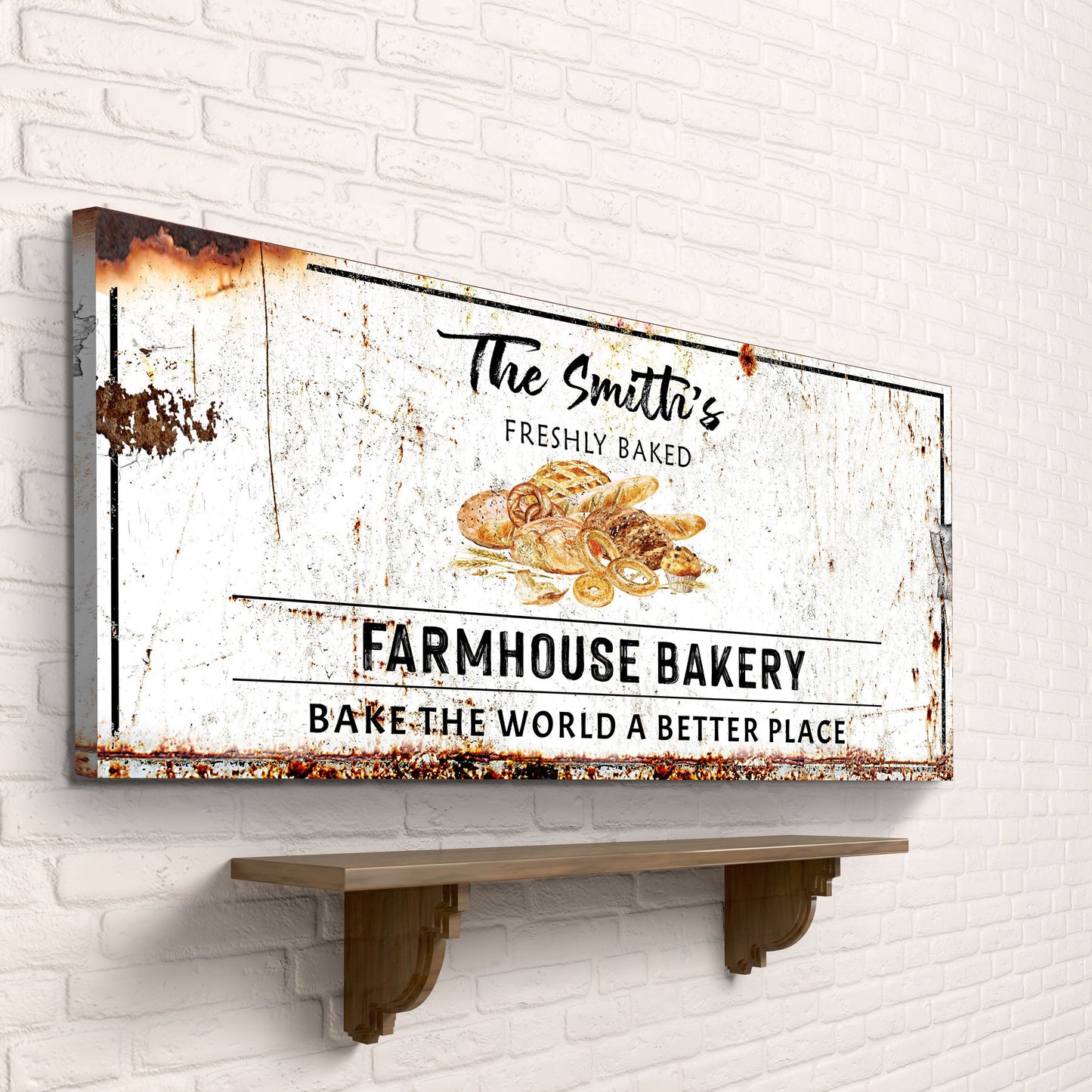 Personalized farmhouse bakery canvas sign with custom family name in rustic lettering