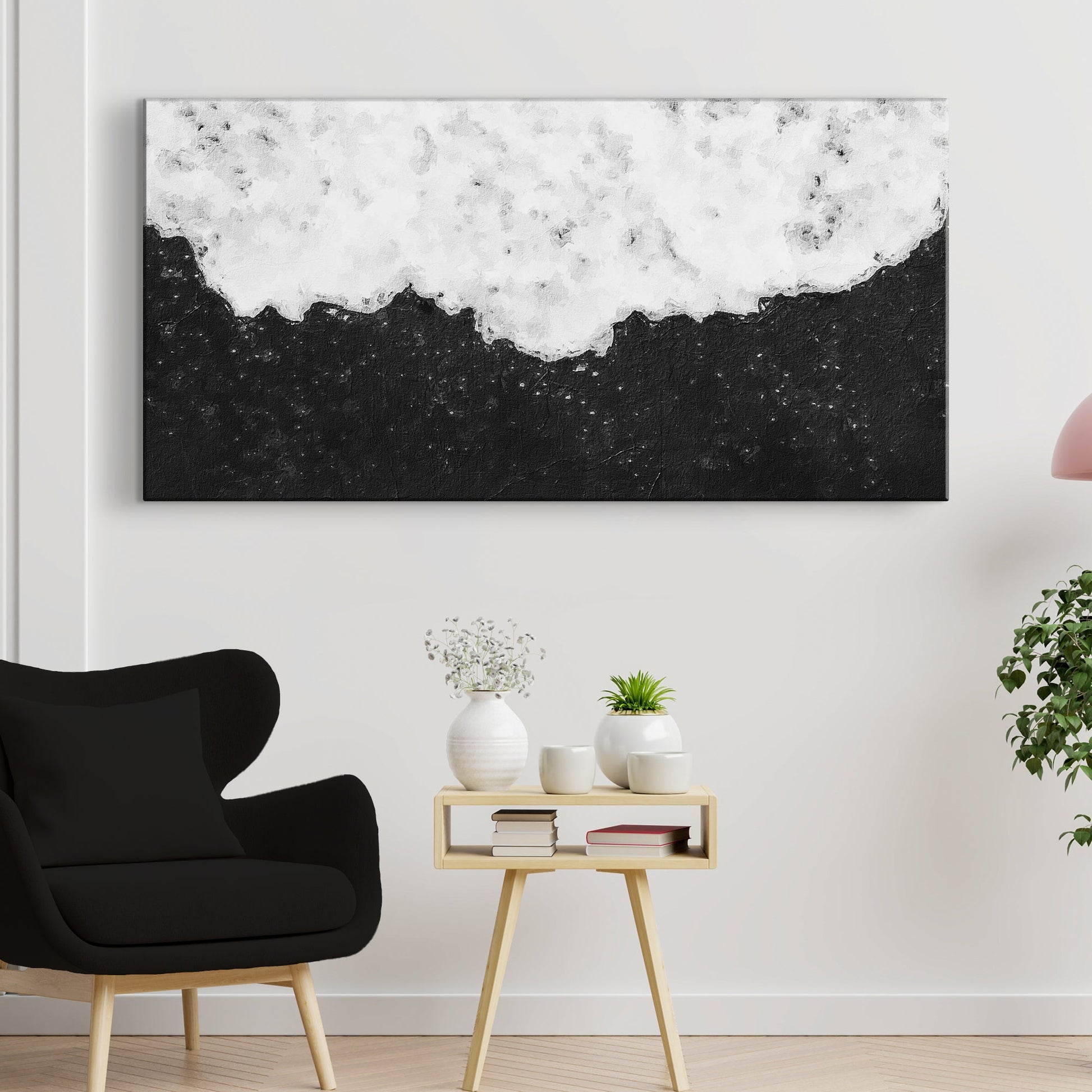 Black and white abstract painting canvas wall art with bold modern brushstrokes