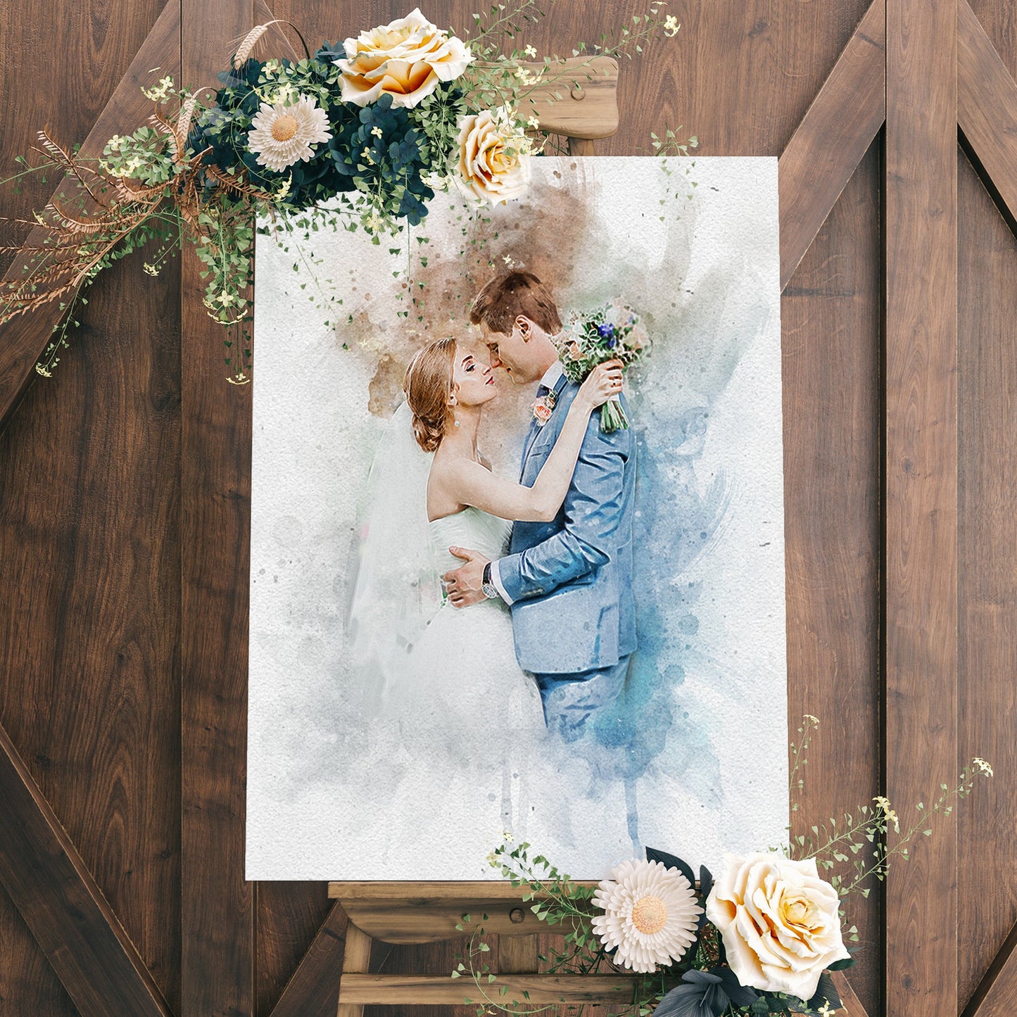 Personalized wedding watercolor portrait word-art canvas sign with names and date ready to hang