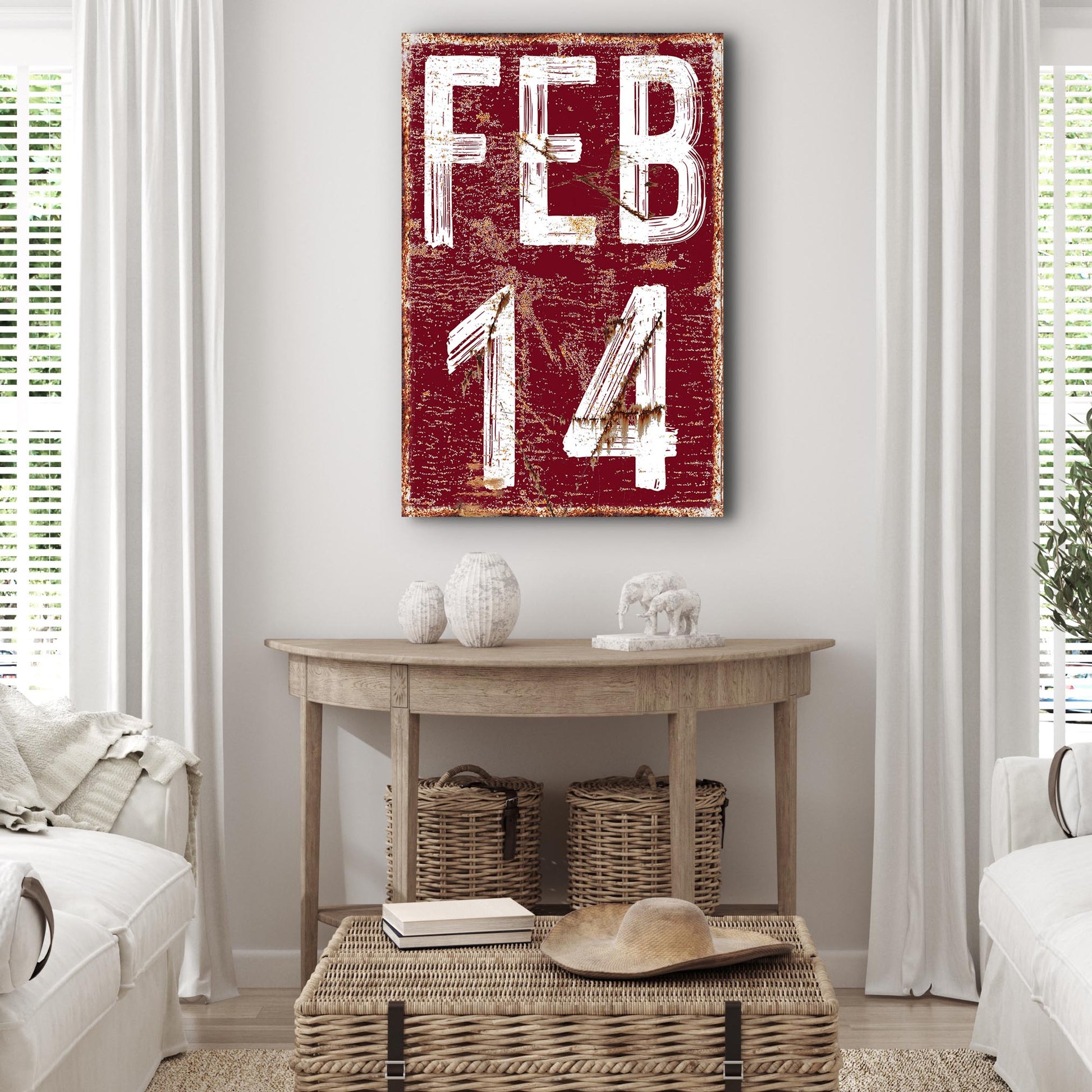 Personalized February 14th Valentine couple canvas sign with names and date in rustic lettering