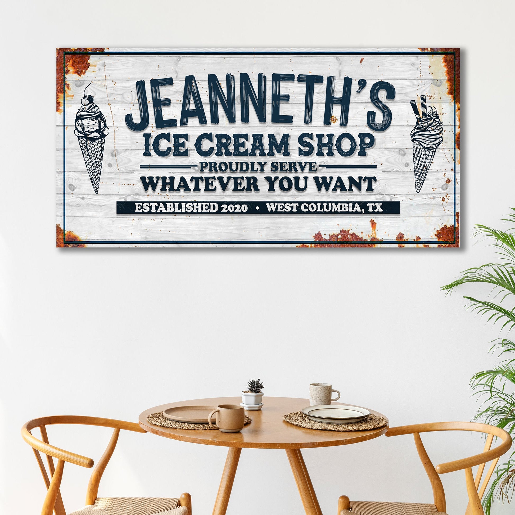 Personalized ice cream shop canvas sign with custom family name in rustic lettering