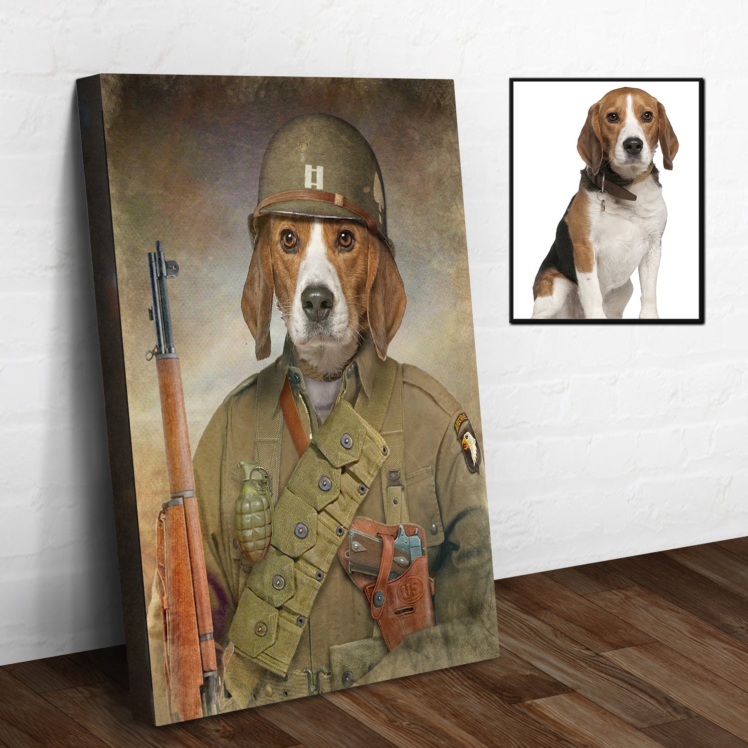 Personalized beagle military dog pet portrait canvas sign