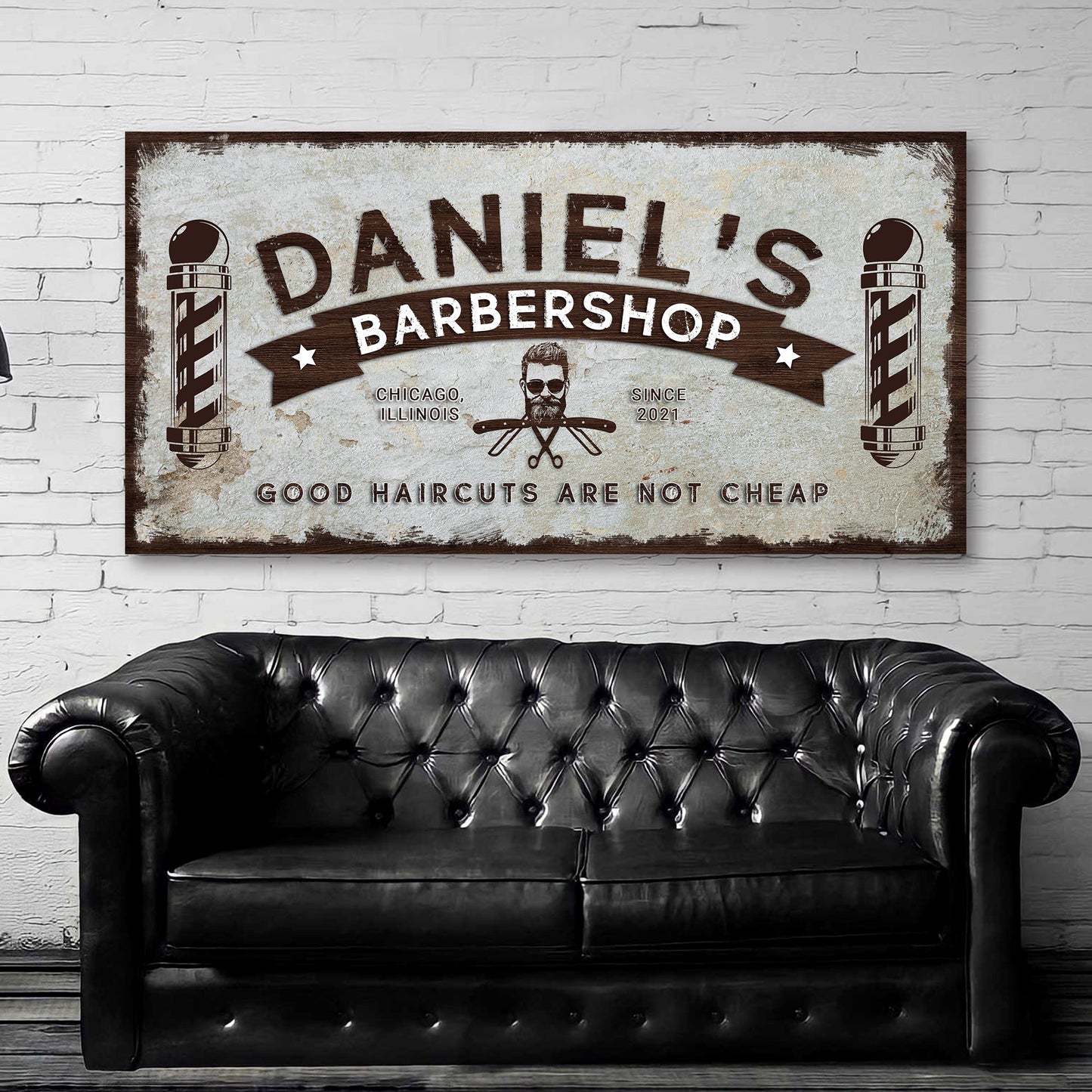 Personalized vintage barbershop canvas sign with shop name, ready to hang