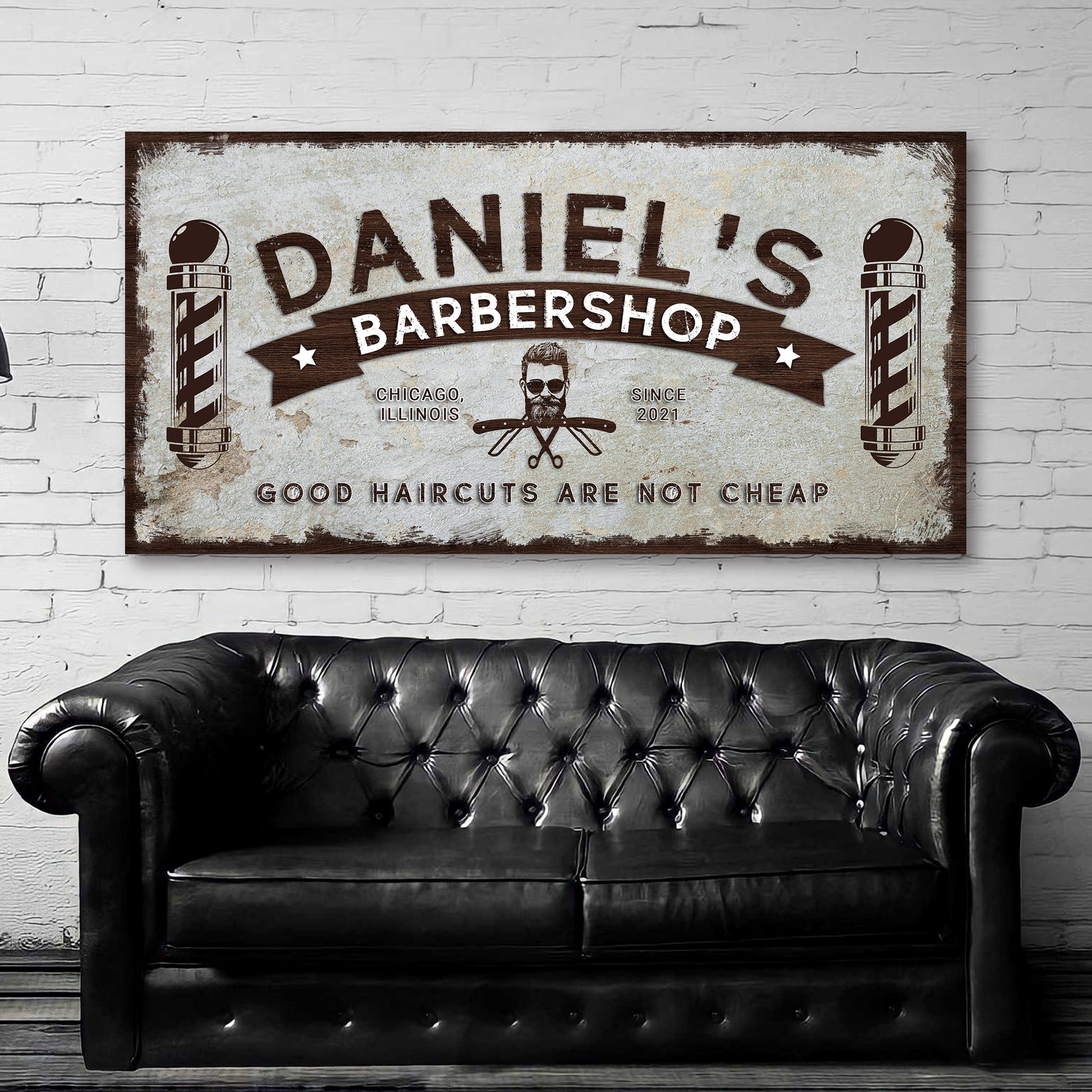 Personalized vintage barbershop canvas sign with shop name, ready to hang