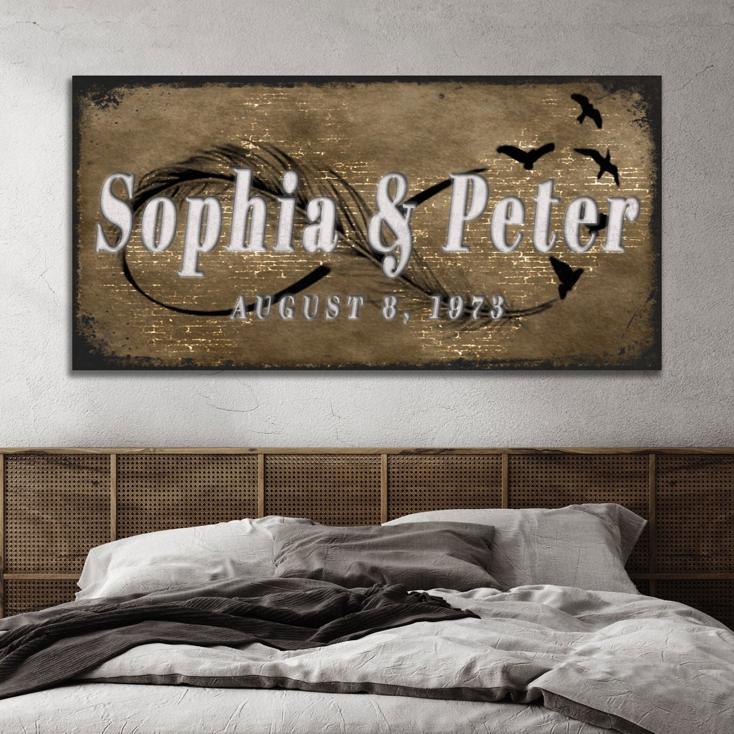 Couple infinity personalized canvas sign with names and date in rustic word-art style