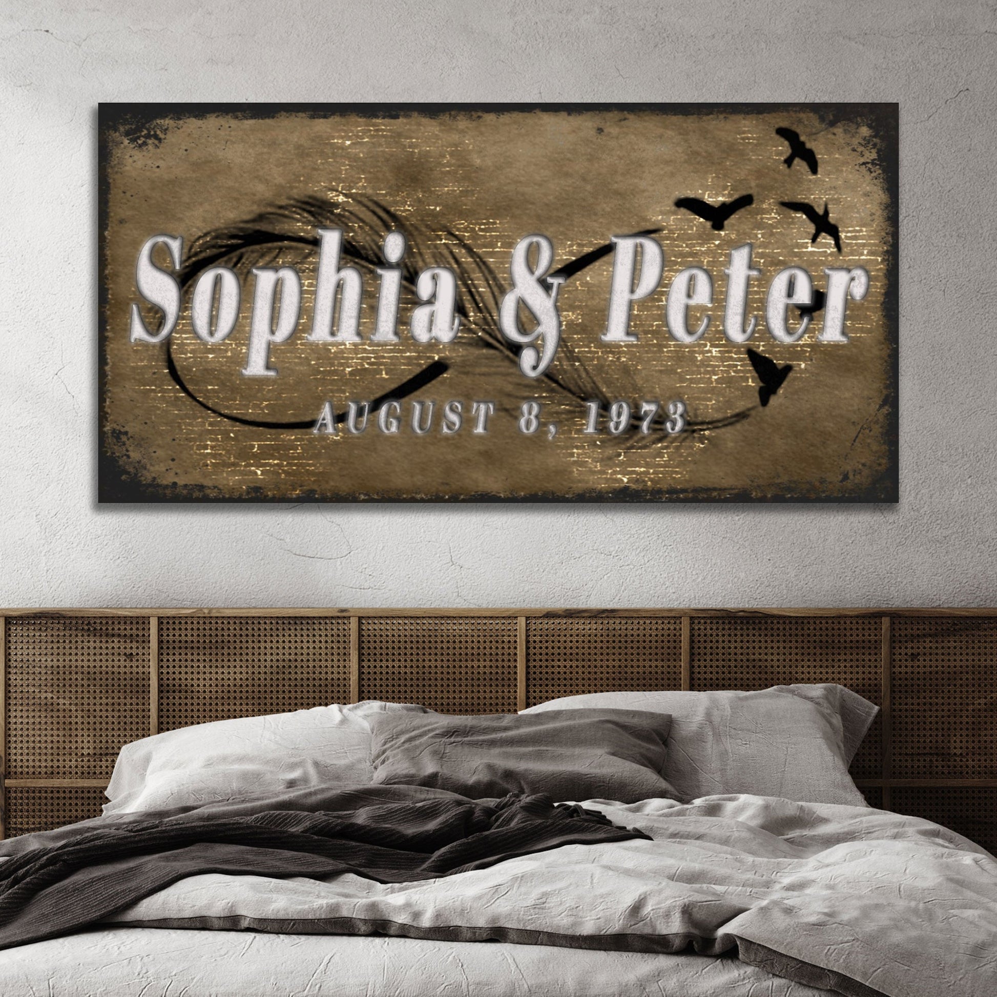 Couple infinity personalized canvas sign with names and date in rustic word-art style