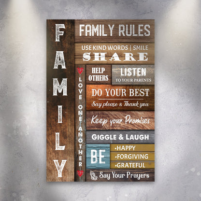 Family Rules canvas sign on a spotlit gray wall, view 2