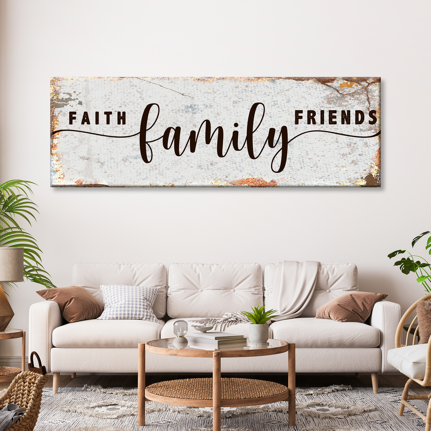 Faith Family Friends canvas wall art with a warm comforting message, ready to hang