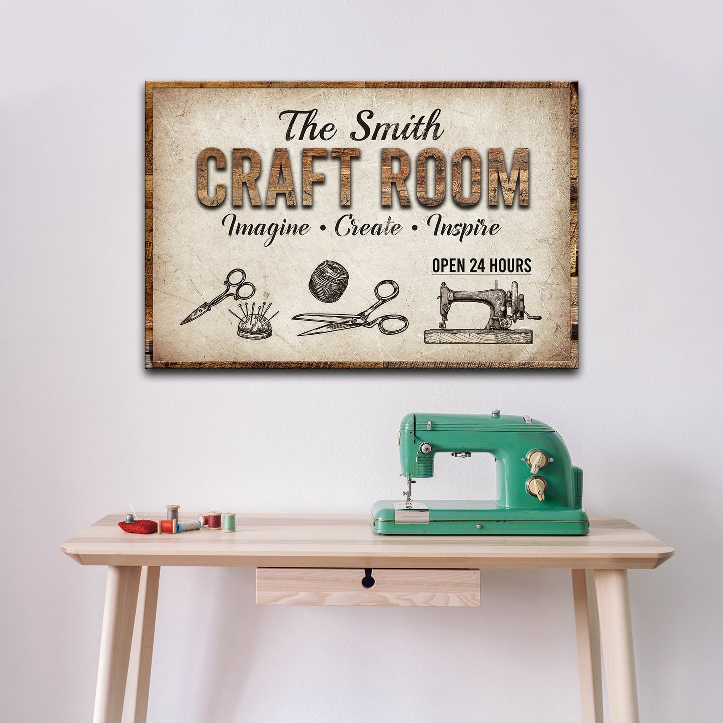 Personalized craft room canvas sign for a creative studio, ready to hang