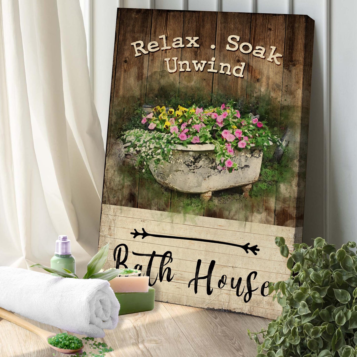 Relax Soak Unwind Bathroom Canvas Sign VII