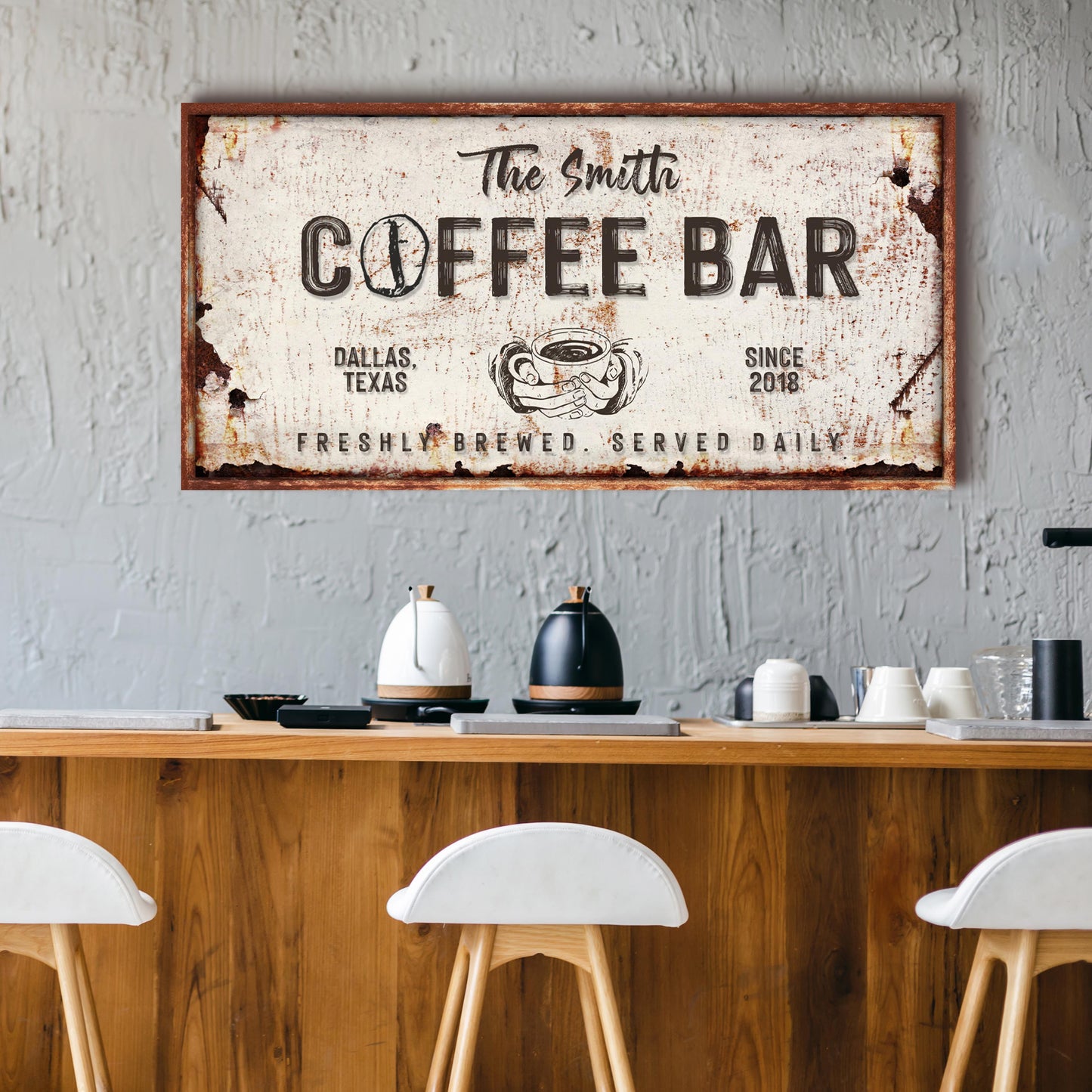 Personalized coffee bar canvas sign with custom family name in rustic lettering