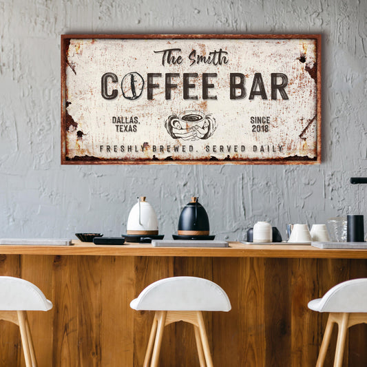 Personalized coffee bar canvas sign with custom family name in rustic lettering