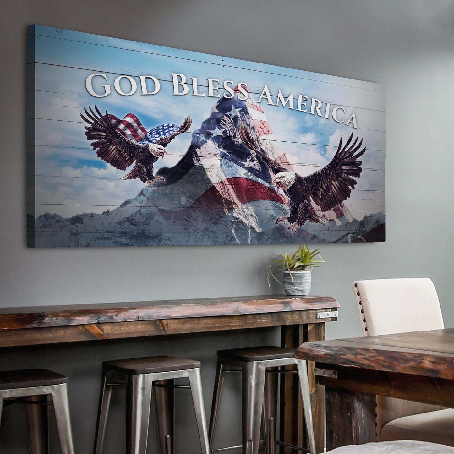 God Bless America patriotic rustic word-art canvas sign ready to hang