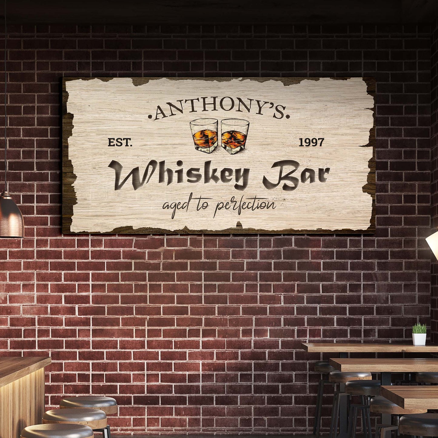 Personalized whiskey bar canvas sign with custom name in rustic lettering