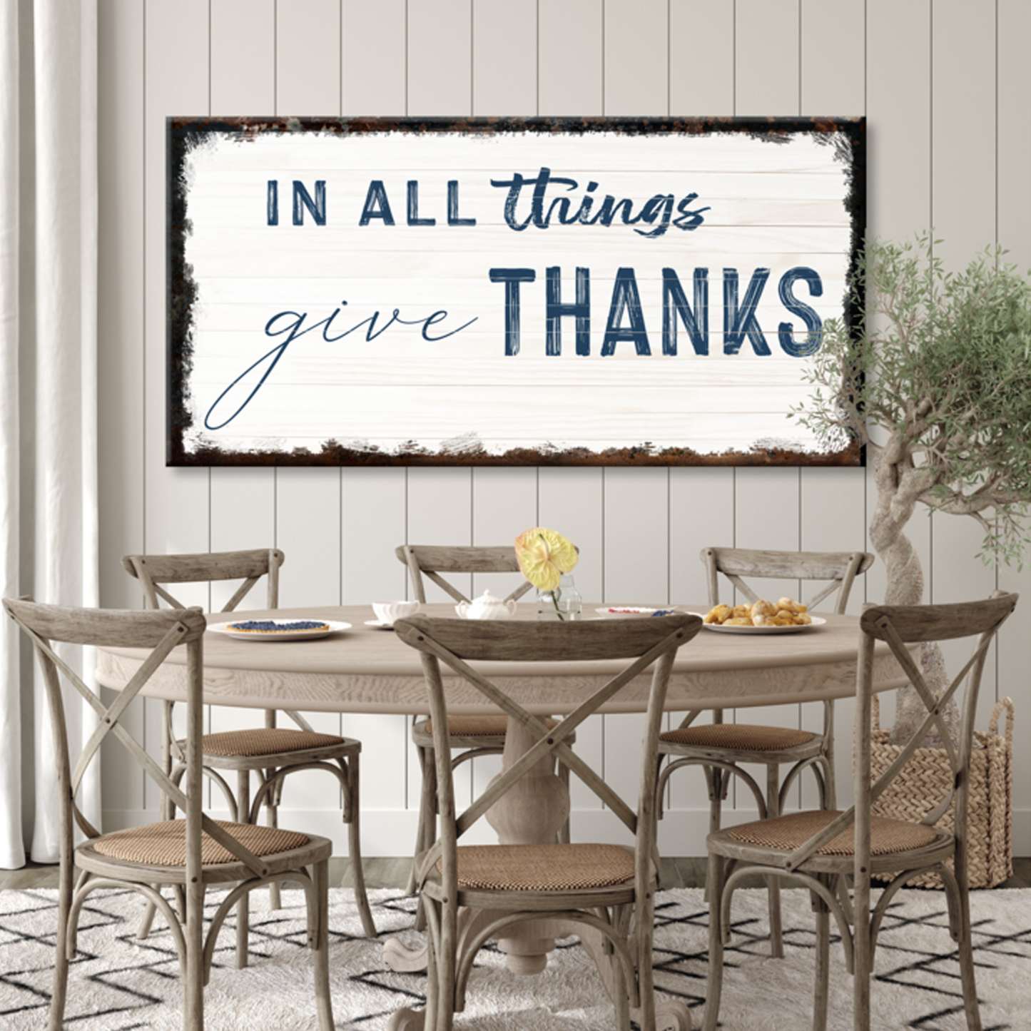 In All Things Give Thanks faith canvas sign with rustic lettering