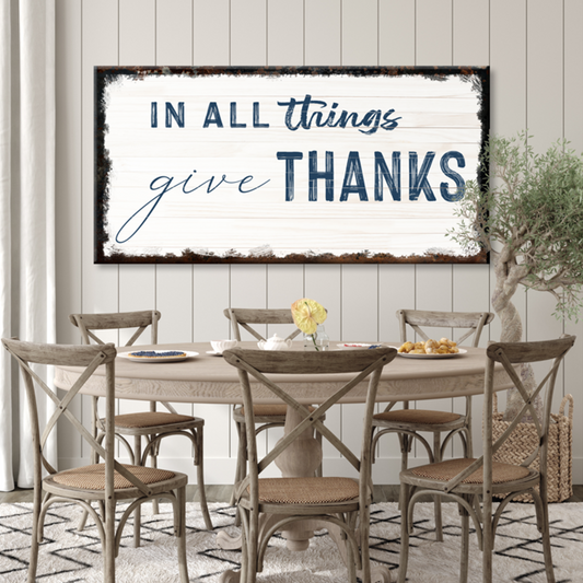In All Things Give Thanks faith canvas sign with rustic lettering