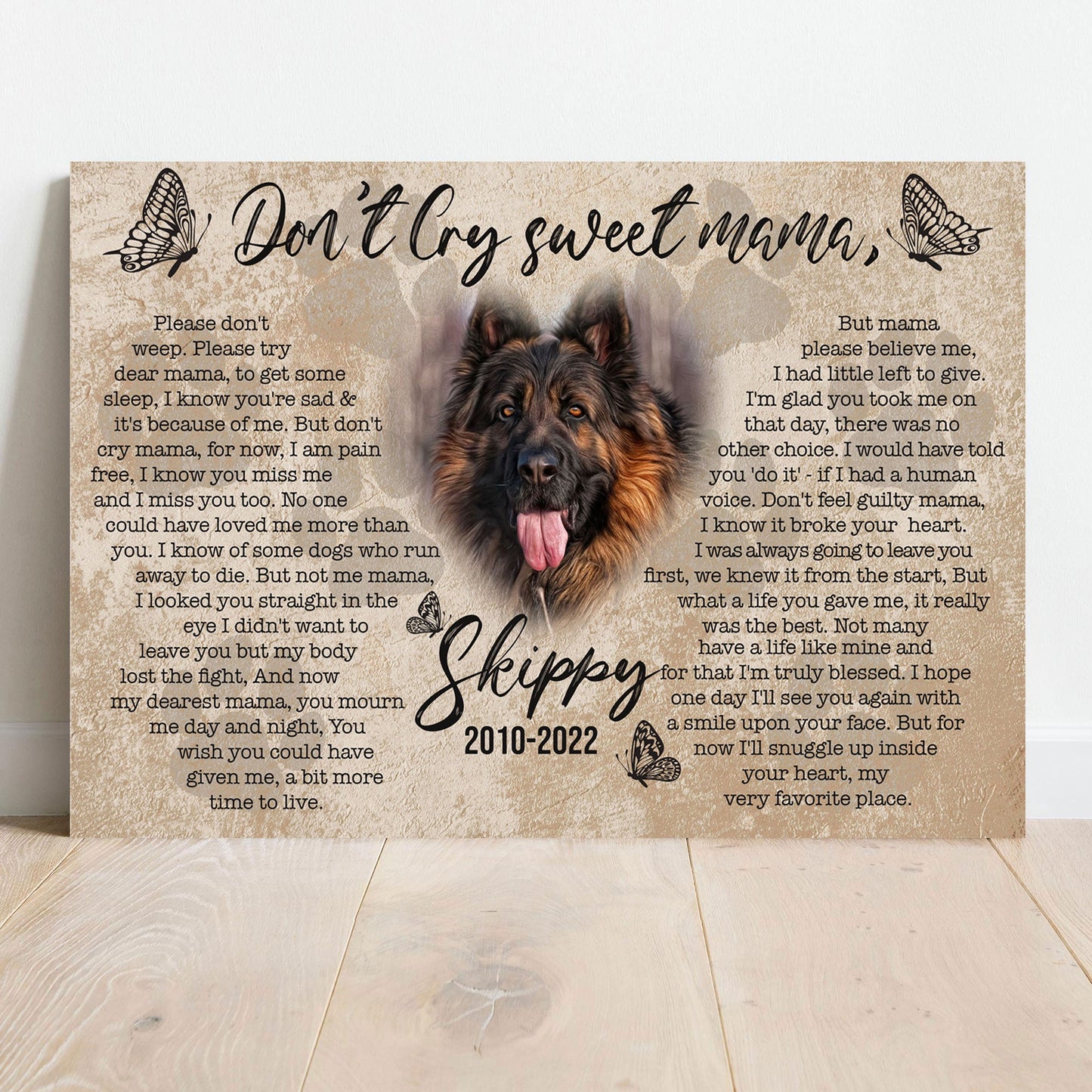 Pet memorial Don't Cry Sweet Mama canvas sign with pet name in rustic word art