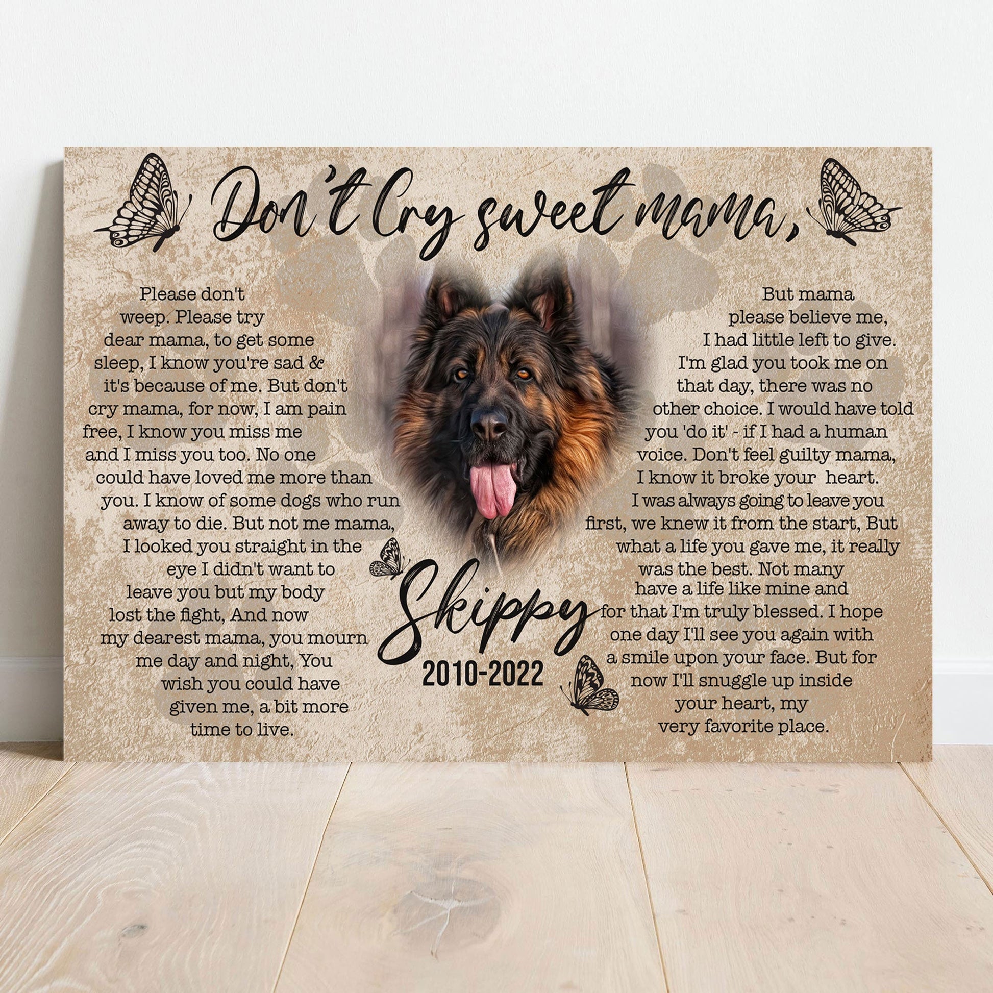 Pet memorial Don't Cry Sweet Mama canvas sign with pet name in rustic word art
