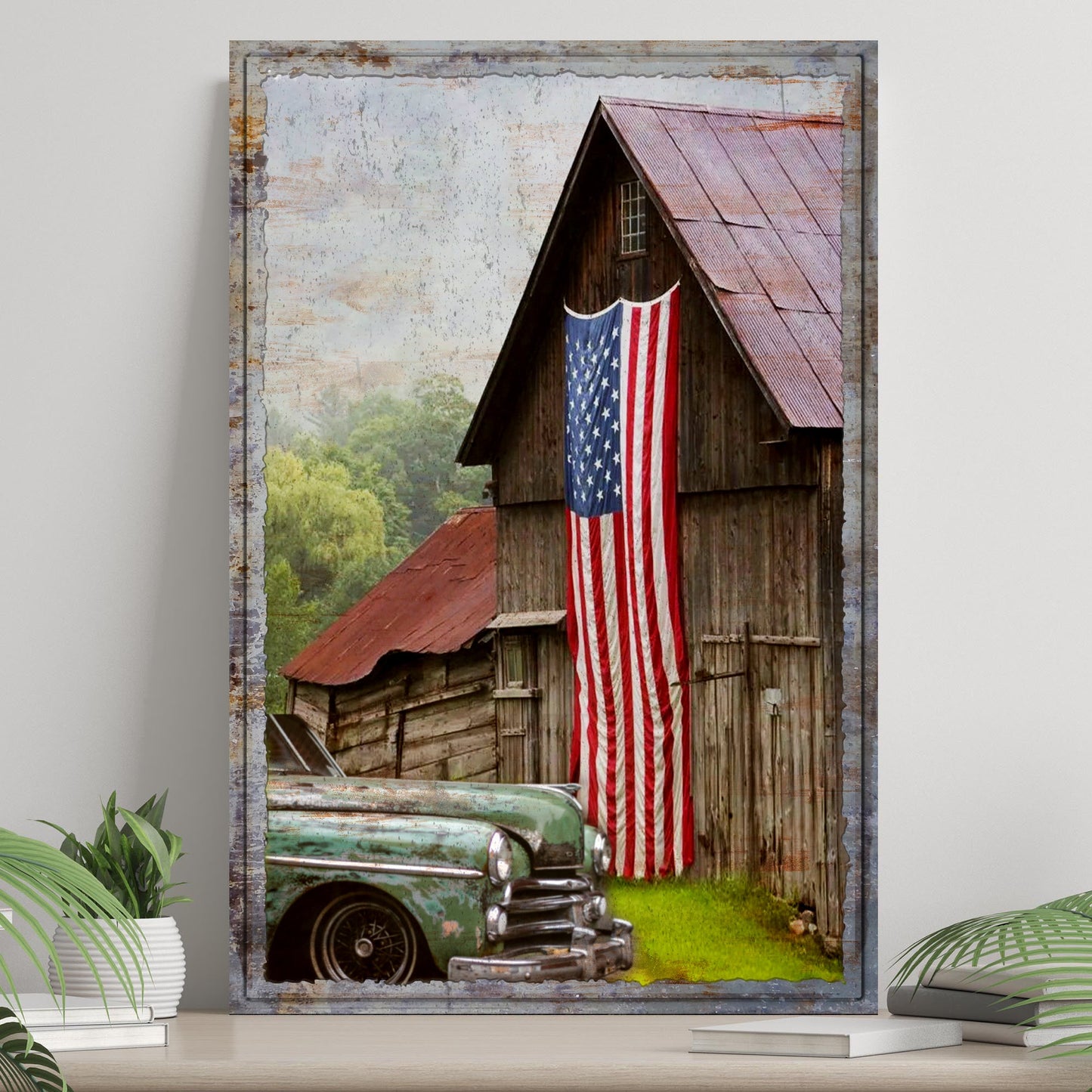 Country barn with American flag patriotic rustic canvas wall art