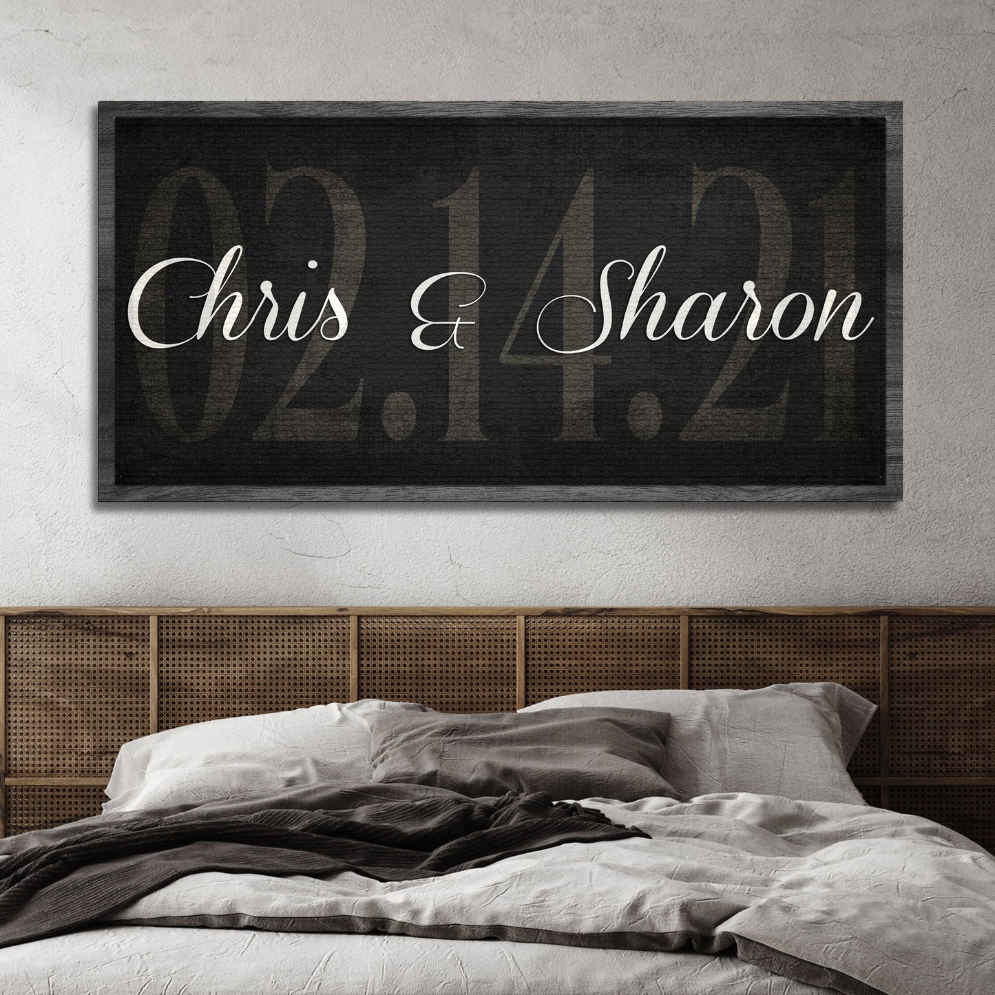 Wedding date personalized canvas sign with names and date in rustic word-art style