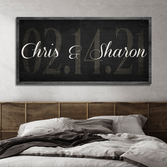 Wedding date personalized canvas sign with names and date in rustic word-art style