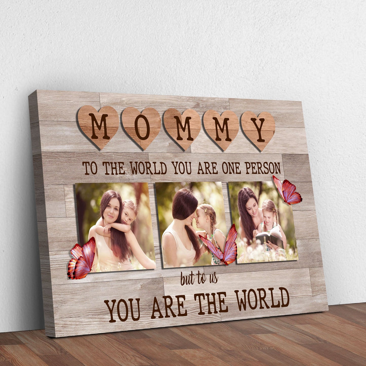 Mommy You Are The World canvas sign with children names in rustic word art