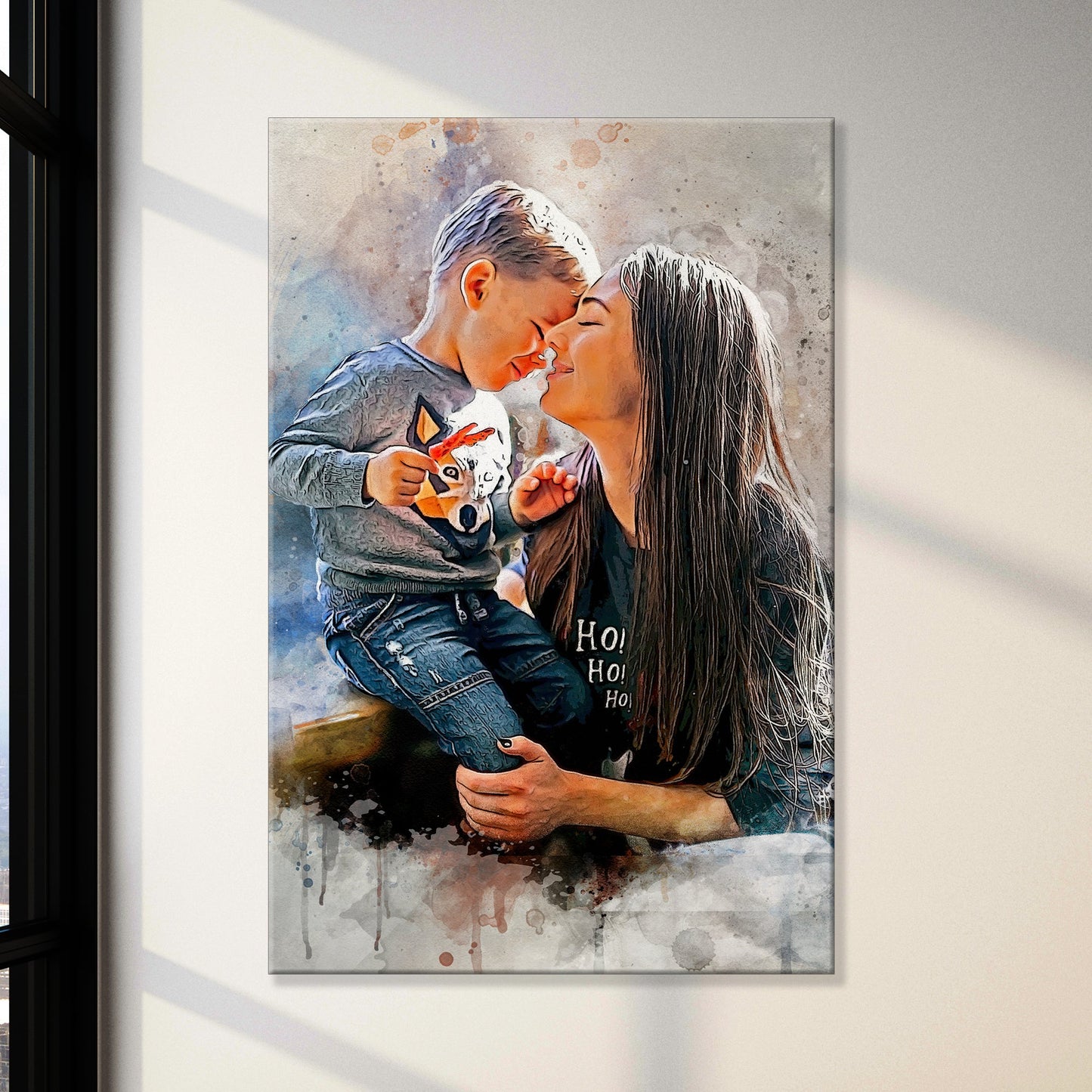 Personalized mother and son watercolor portrait canvas sign with names