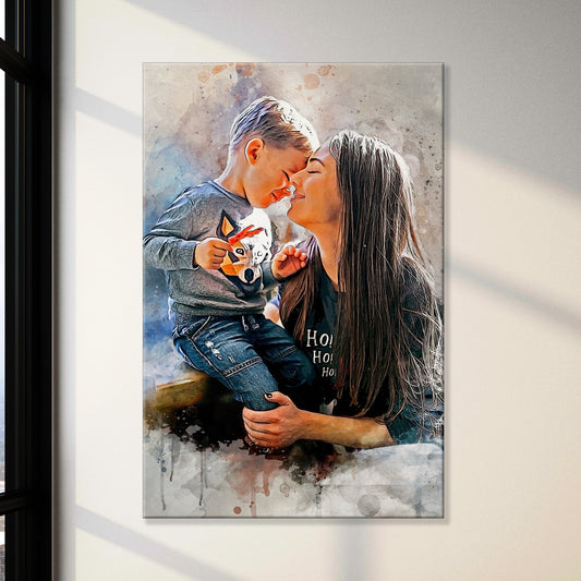 Personalized mother and son watercolor portrait canvas sign with names