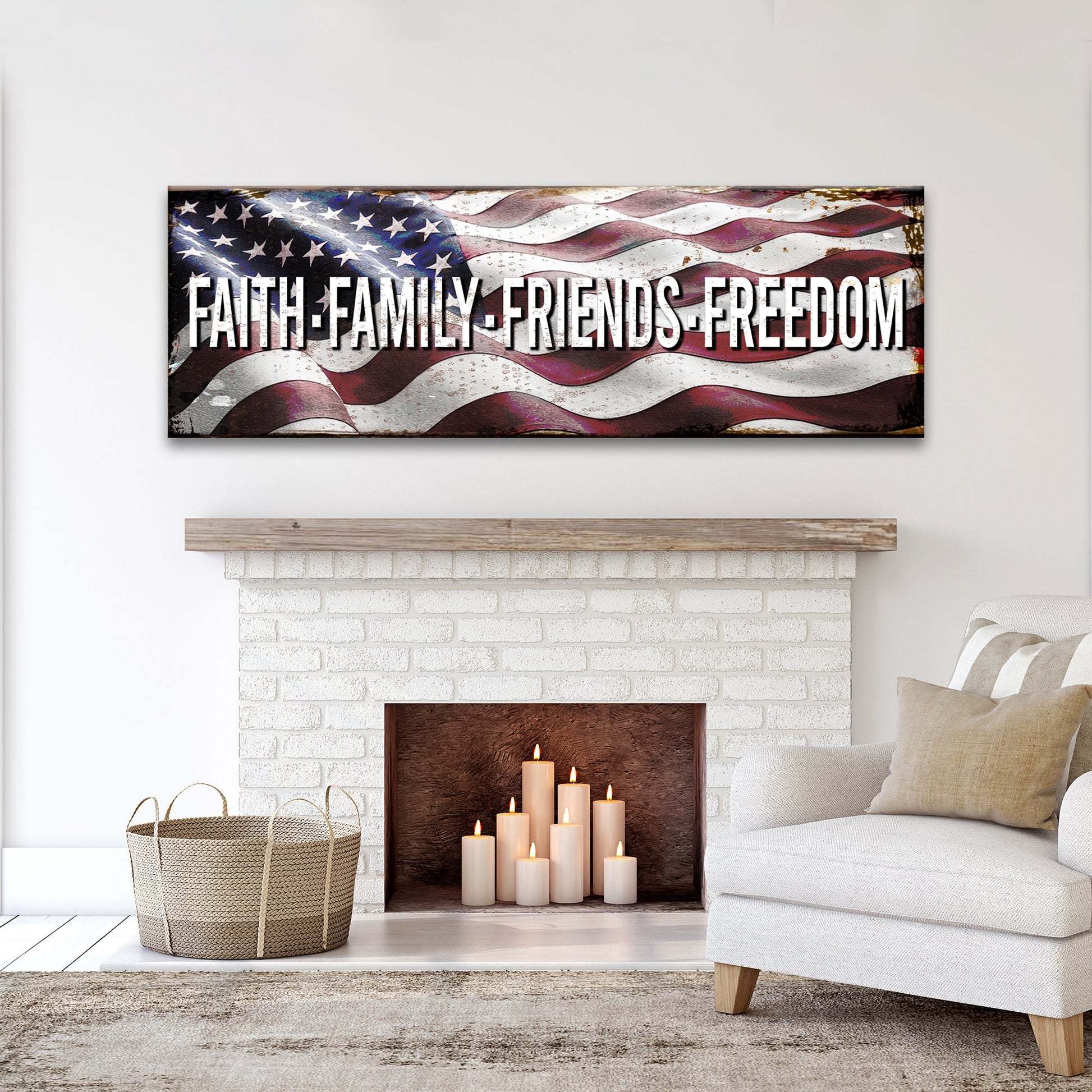 Faith Family Friends Freedom canvas sign with rustic lettering