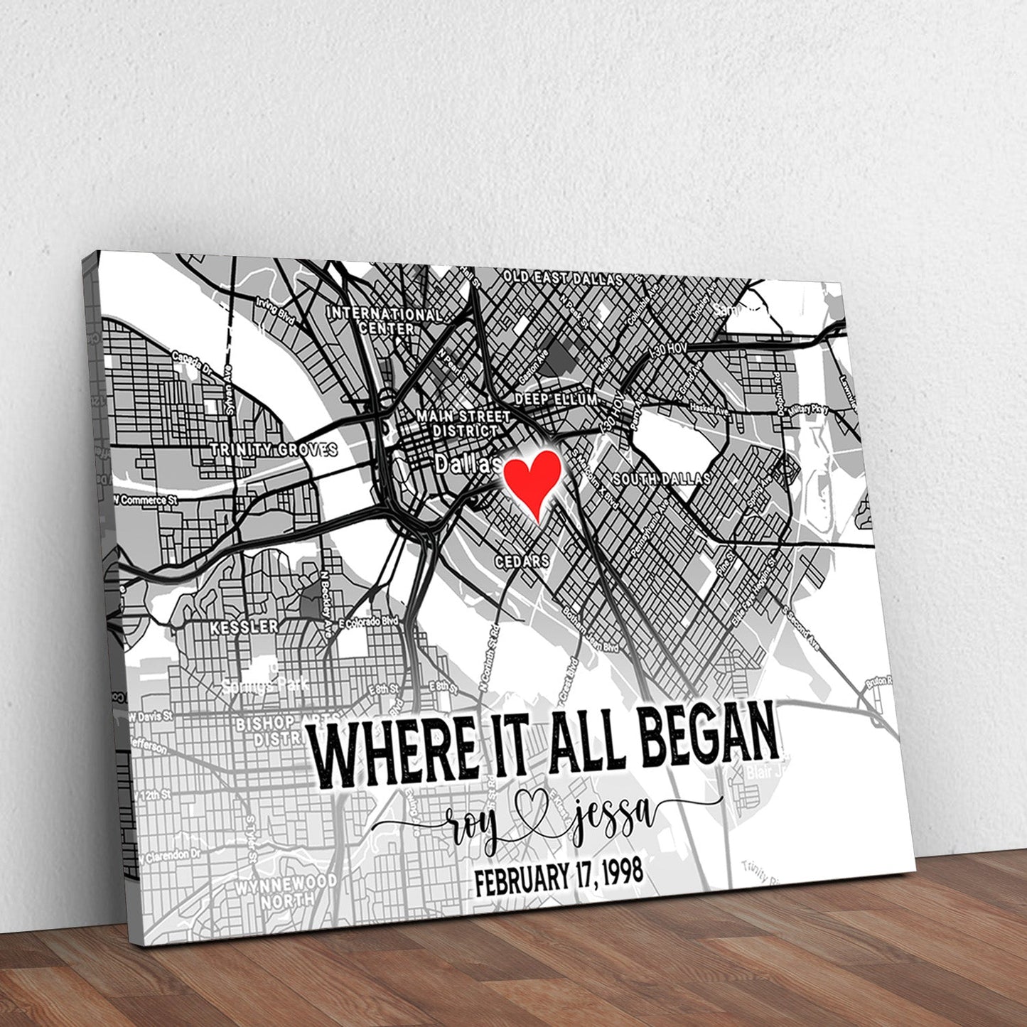 Personalized couple street map canvas sign with names location and date in rustic design