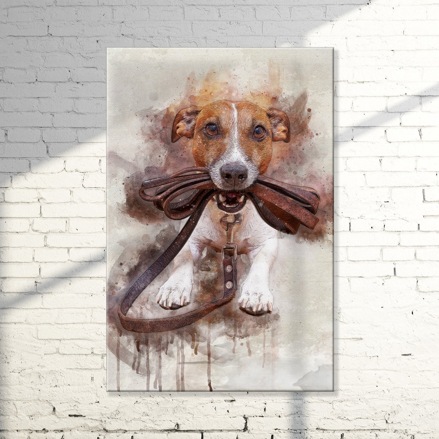 Custom pet watercolor portrait canvas sign with pet name in soft painterly style