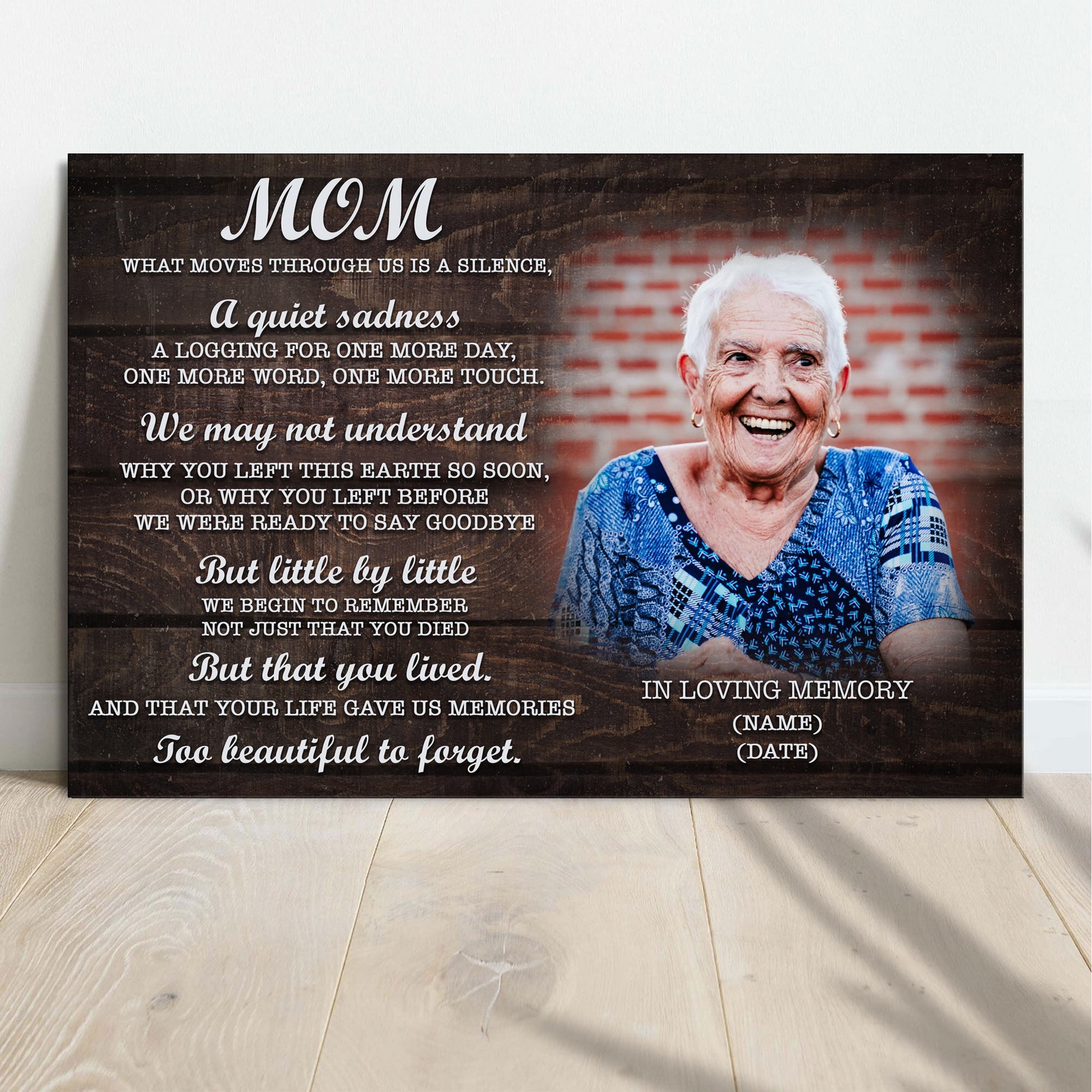 Mom you're too beautiful to forget personalized Mother's Day canvas sign in rustic word-art style