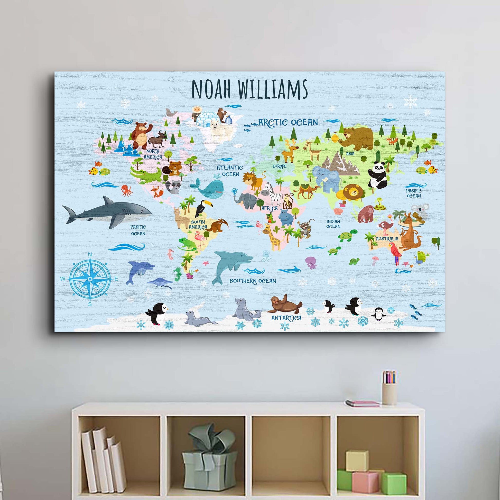 Personalized animals and countries world map nursery canvas sign