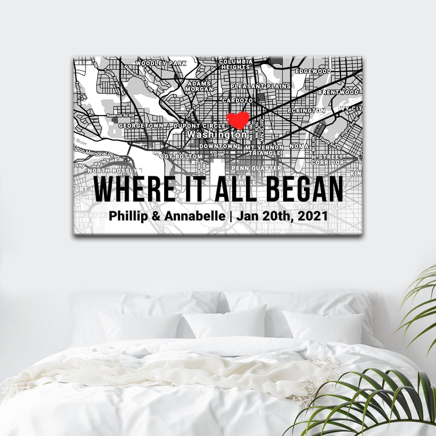 Personalized couple street map canvas sign with names location and date in rustic style