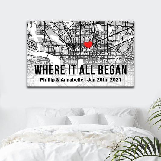 Personalized couple street map canvas sign with names location and date in rustic style